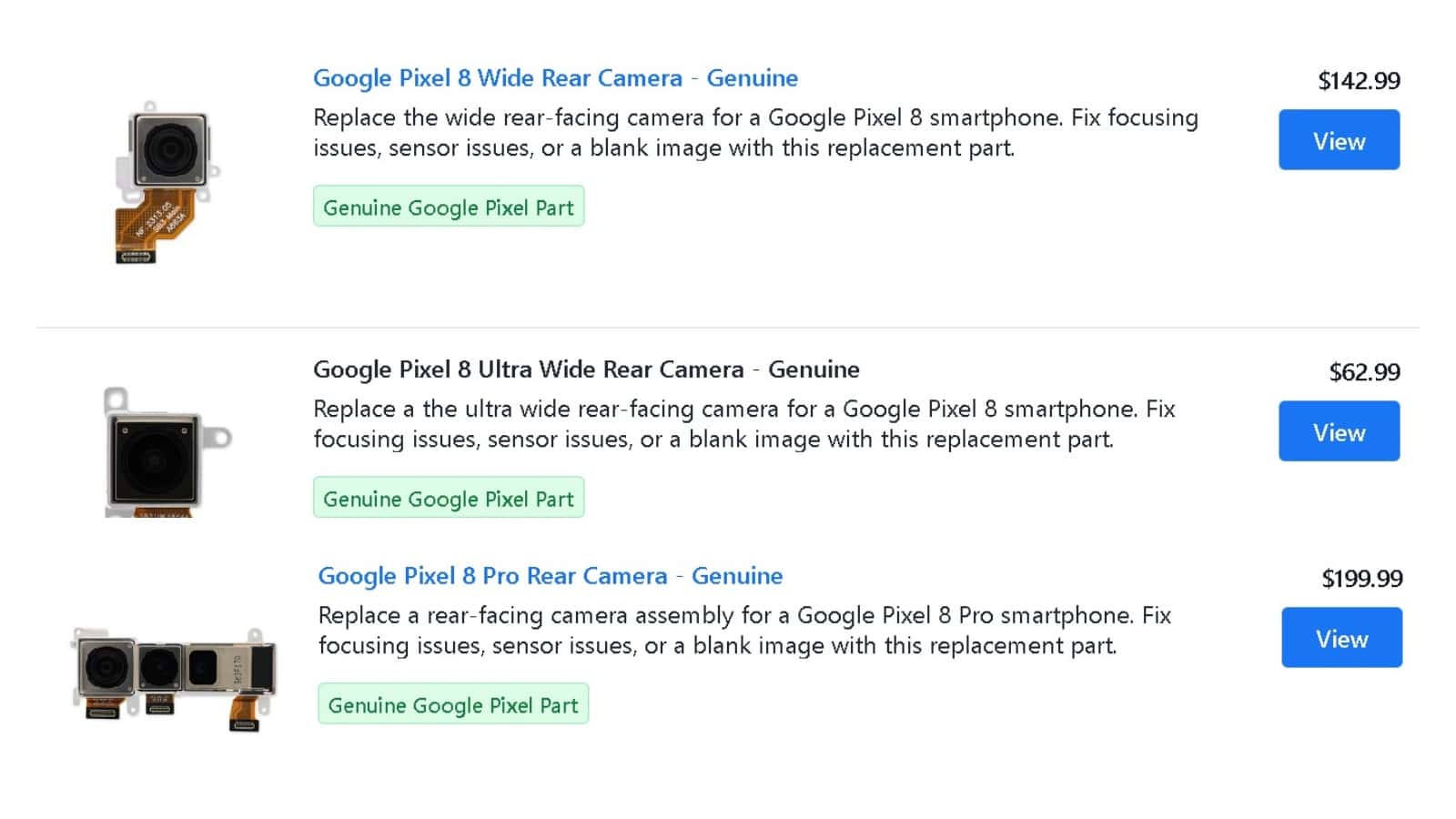 Preise für Kamerareparaturteile der Pixel 8-Serie