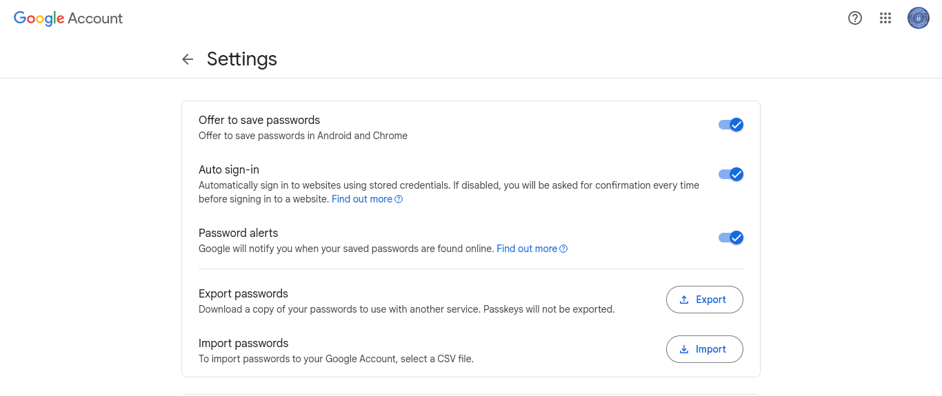 Import- und Exporteinstellungen von Google Password Manager vom PC