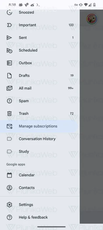 Google Mail-Seitenleiste für Android, Abonnements verwalten