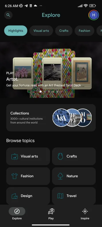 Startseite der Google Arts and Culture-App