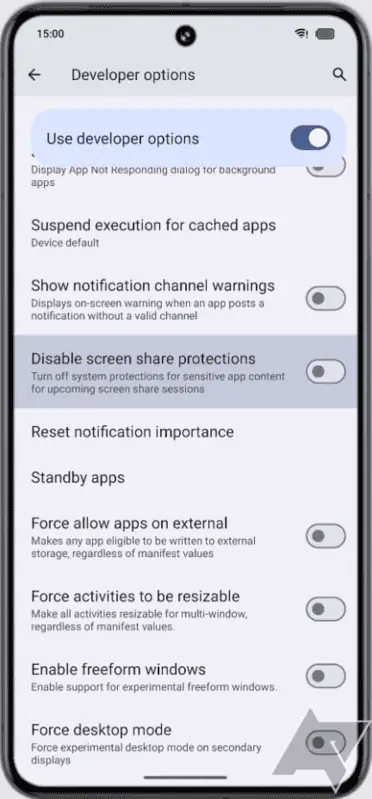 Android 15 deaktiviert die Option zum Schutz sensibler Inhalte beim Bildschirmfreigabeschutz
