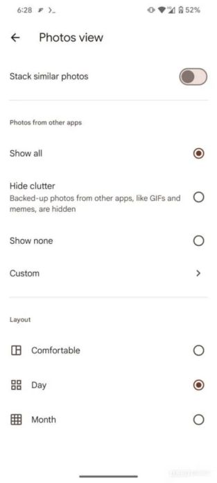 Abschnitt „Fotoansicht“ in den Einstellungen der Google Fotos-App