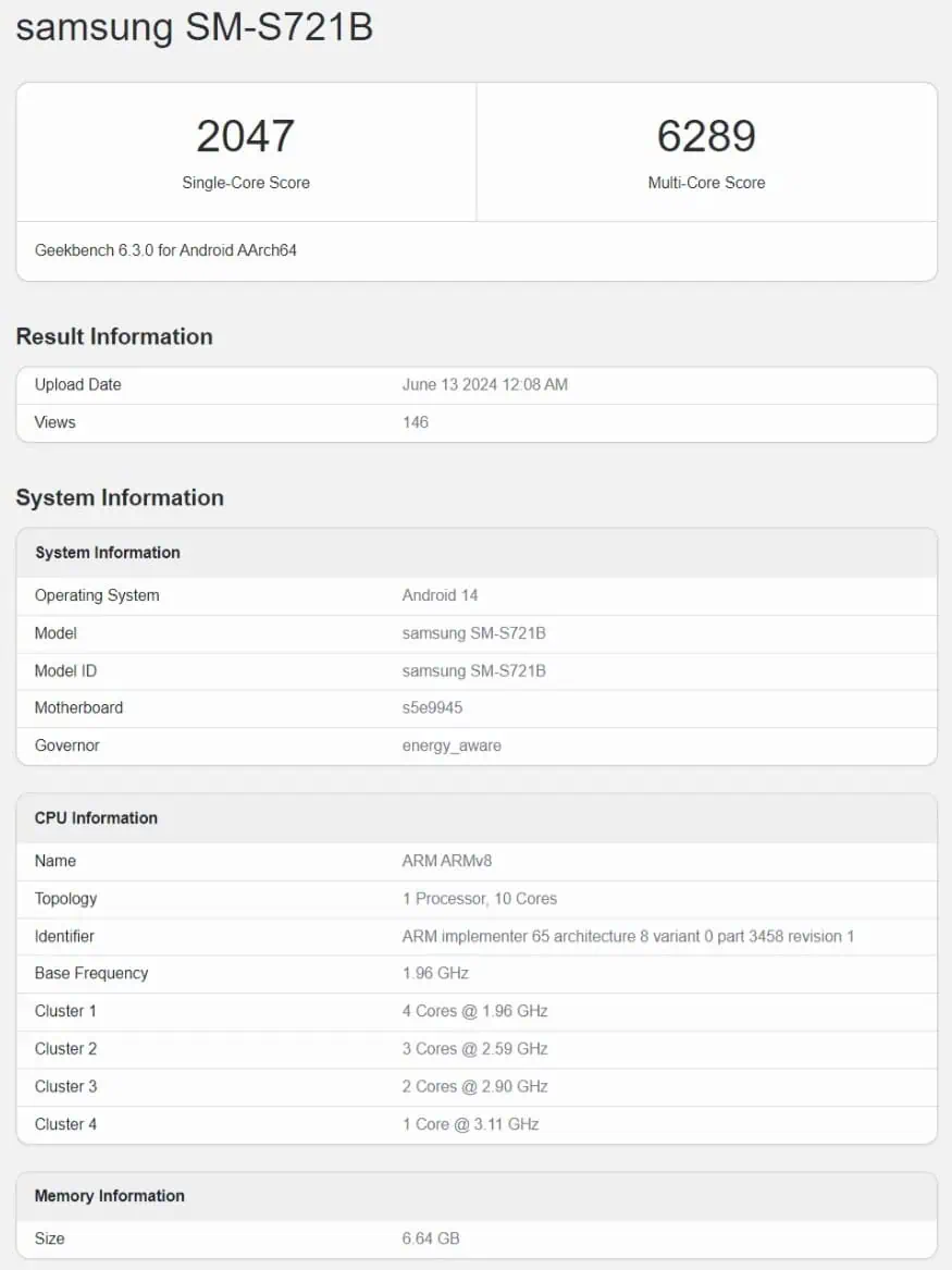 Samsung Galaxy S24 FE Exynos 2400 Chipsatz Geekbench