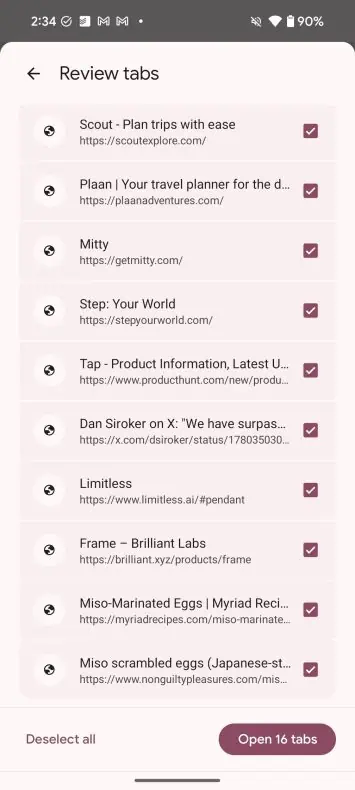 Chrome-Stapelimport von Tabs für Mobilgeräte