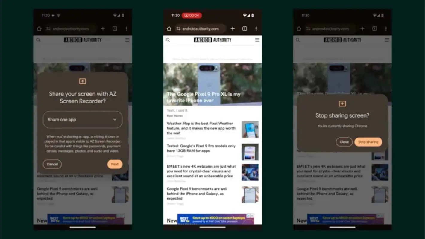 Android 15-Bildschirmfreigabe – neue Statusleistenanzeige und Dialog 1
