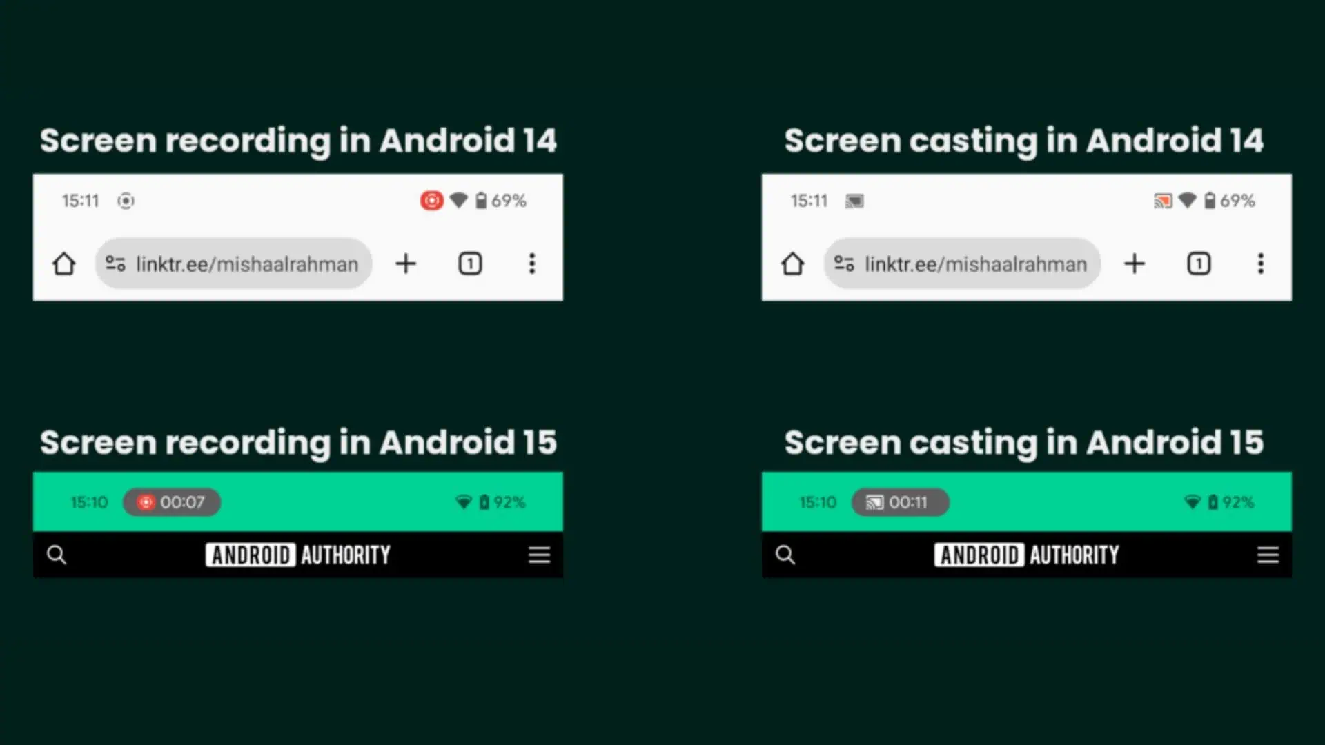Android 15 aktualisierte Statusleistenanzeige für Bildschirmaufzeichnung und Screencasting