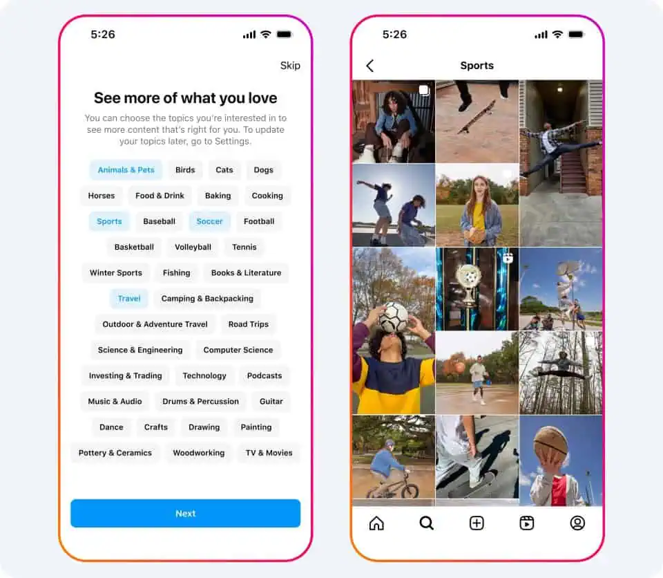 Instagram-Teenager-Konten wählen Themen aus