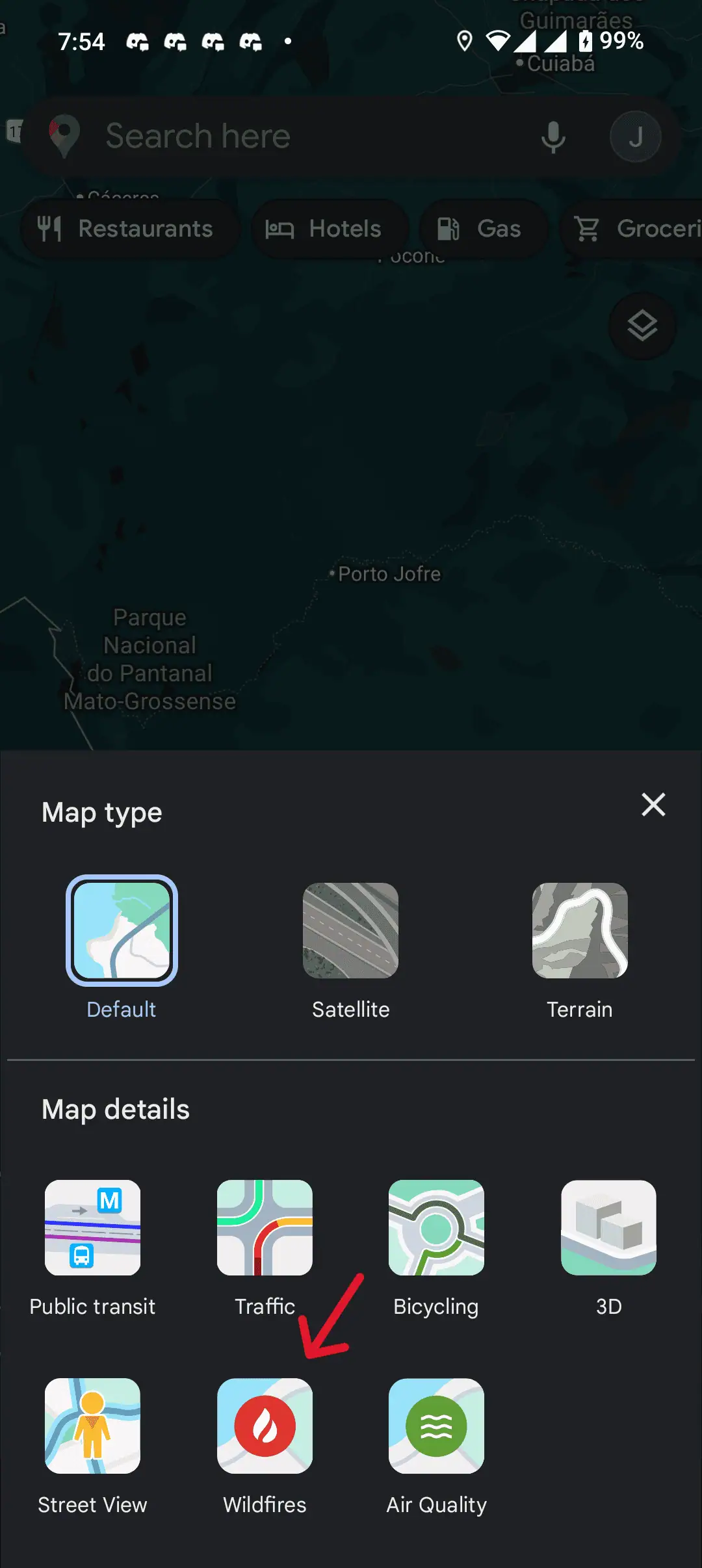 Google Maps-Ebene „Waldbrände“.
