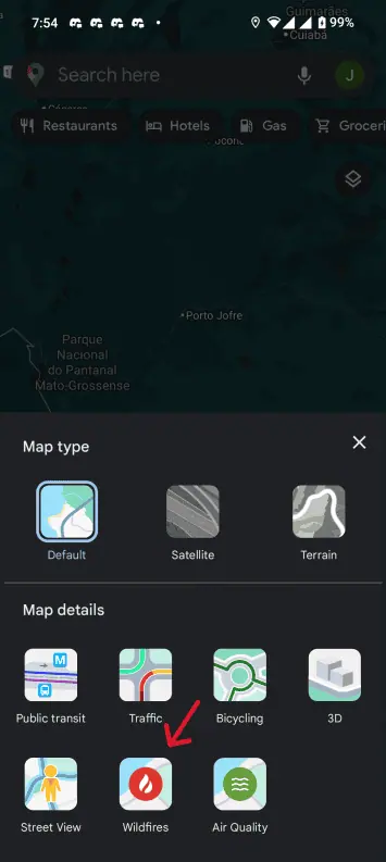 Google Maps-Ebene „Waldbrände“.