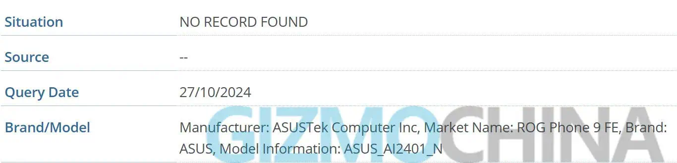 ASUS ROG Phone 9 FE GSMA-Datenbankliste