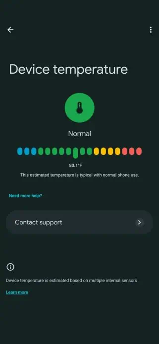 Temperaturseite des Pixel 9-Geräts