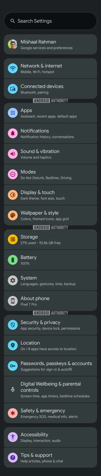 Ausdrucksstarke Einstellungen der obersten Ebene Dunkeldesign in Android 16 Beta 4 1000W 4689H PNG