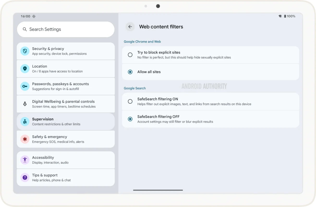 Webinhaltsfilter unter Überwachungseinstellungen in Android 16 Beta 4