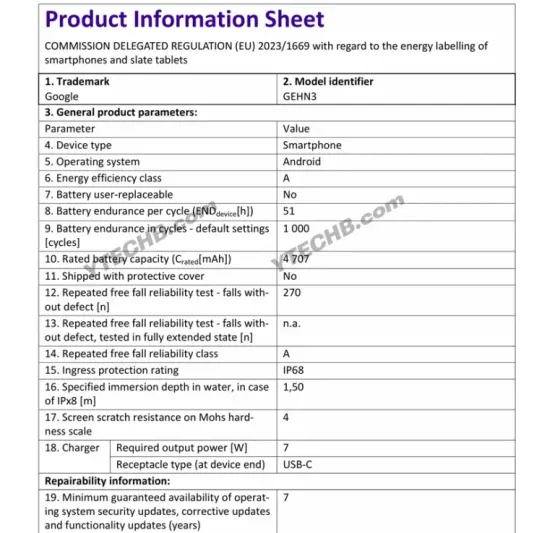 Google Pixel 10 Pro XL Energy Durability Rating EU 2