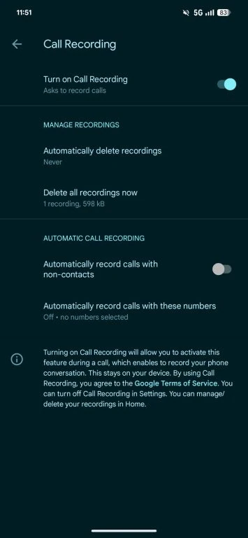 Anrufaufzeichnungseinstellungen der Telefon-App