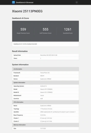 Xiaomi 17 Geekbench AI