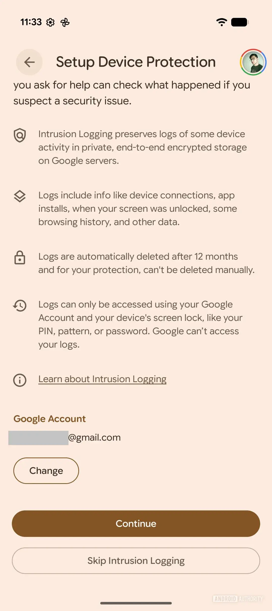 Einrichtung der Einbruchsprotokollierung für Android 16 2