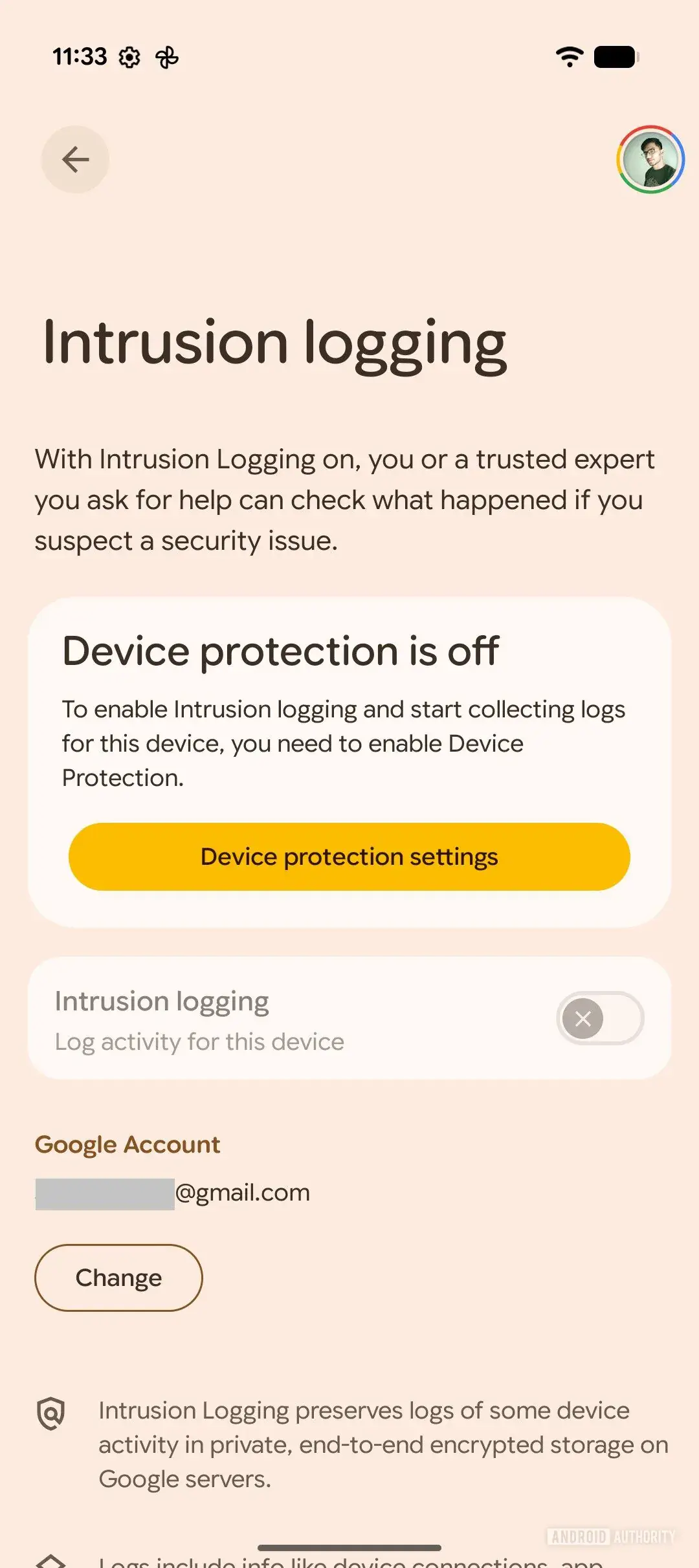 Einstellungen für die Protokollierung von Eindringlingen unter Android 16