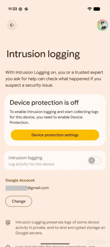 Einstellungen für die Protokollierung von Eindringlingen unter Android 16