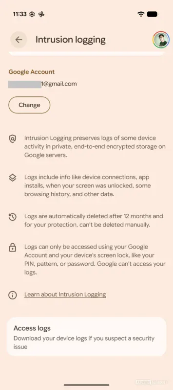Android 16-Intrusion-Logging-Protokolle