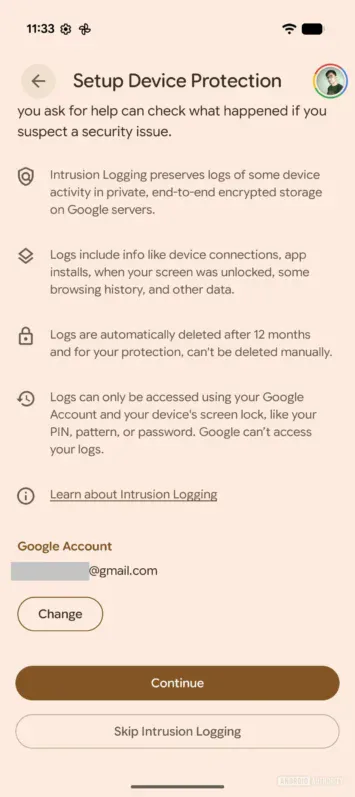 Einrichtung der Einbruchsprotokollierung für Android 16 2