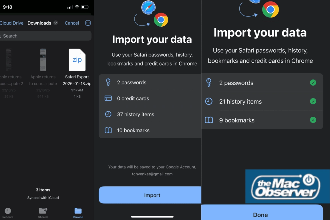 Importbestätigung für Chrome iOS Safari