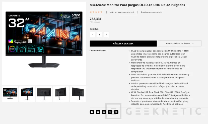 Geeknetic Ya está disponible por 782 € el monitor GIGABYTE MO32U24 para gaming con panel QD-OLED 4K de 32 pulgadas y 240 Hz 4